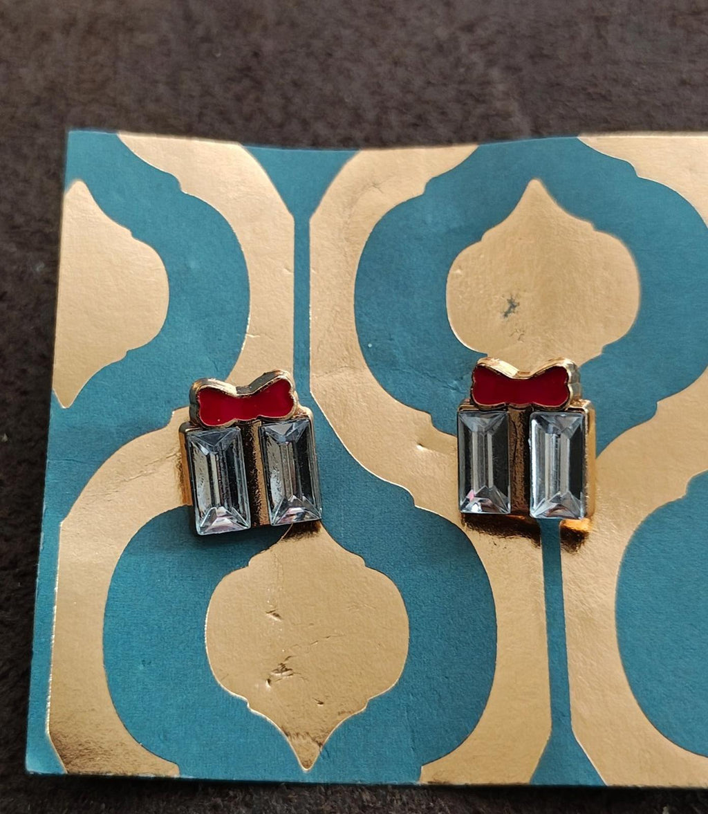 Christmas Present Gold Tone Stud Earrings With Rhinestones And Red Bow