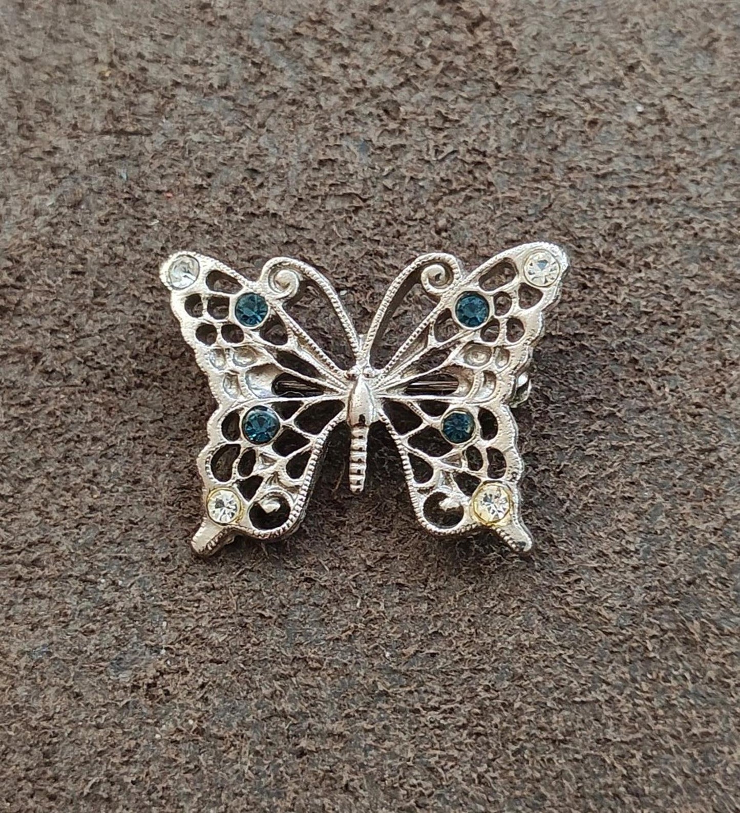 1950s Silver Tone With Clear & Blue Rhinestones Butterfly Brooch