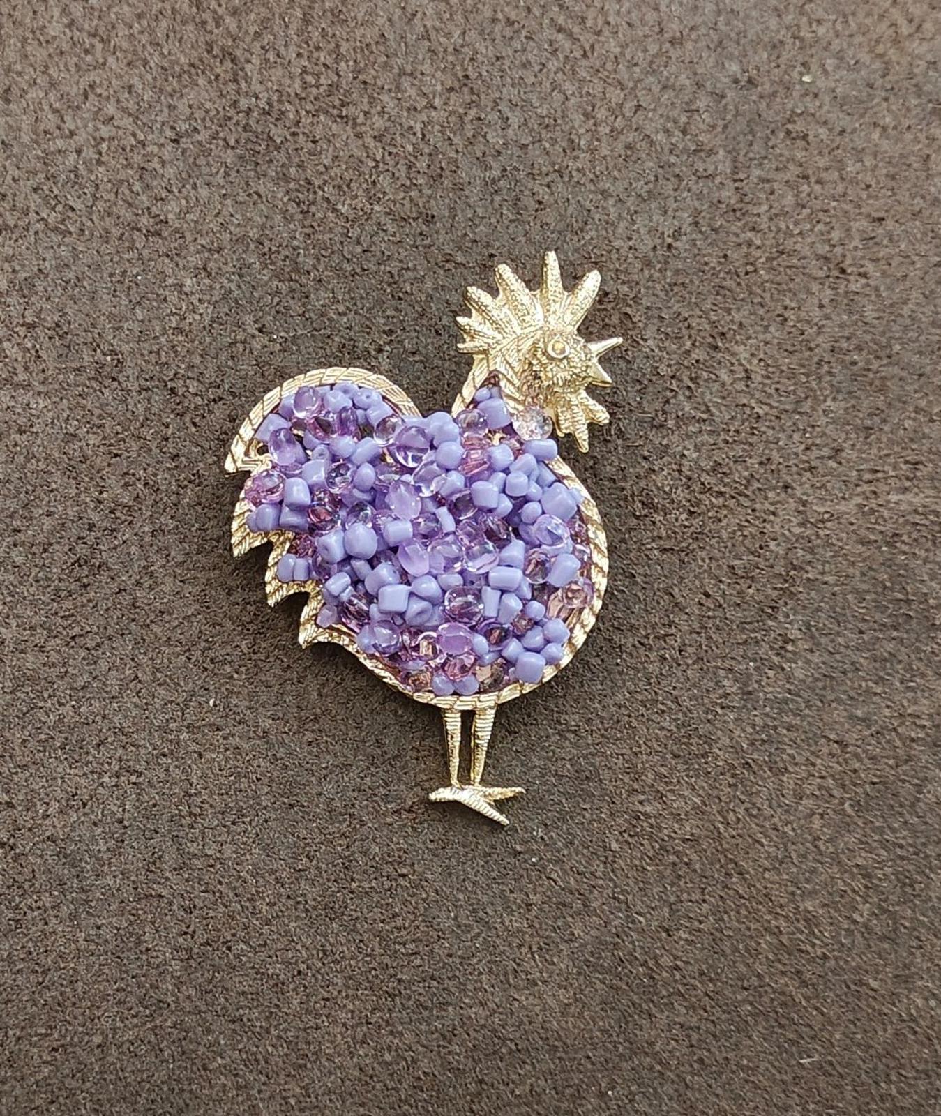 2000s Gold Tone With Purple Beads Rooster Brooch Pin