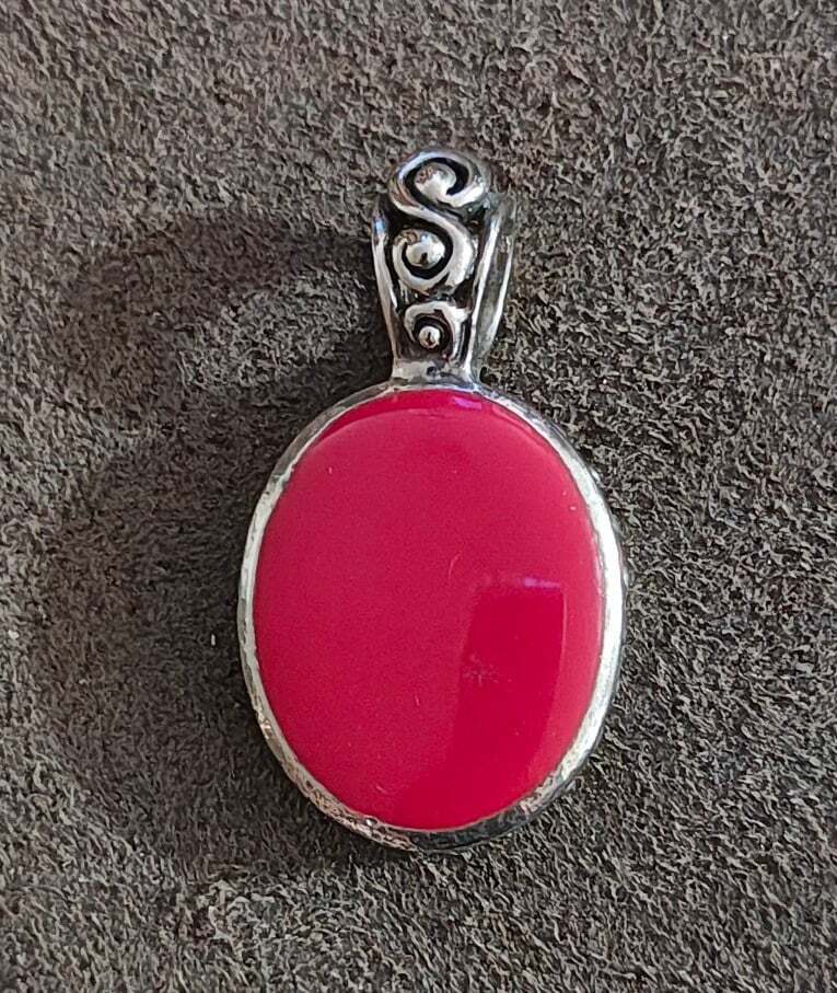 1980s Boho Style Red Stone Silver Tone Pendant.