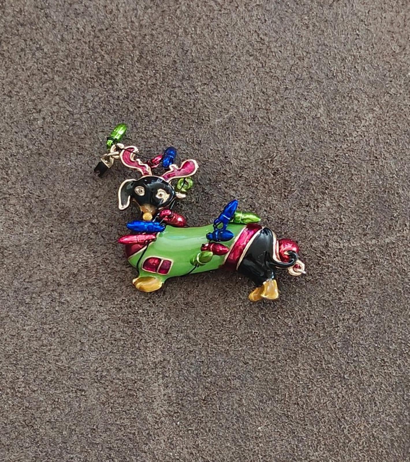 Dachshund Dog Wearing Reindeer Antlers and Wrapped In Colorful Lights Brooch