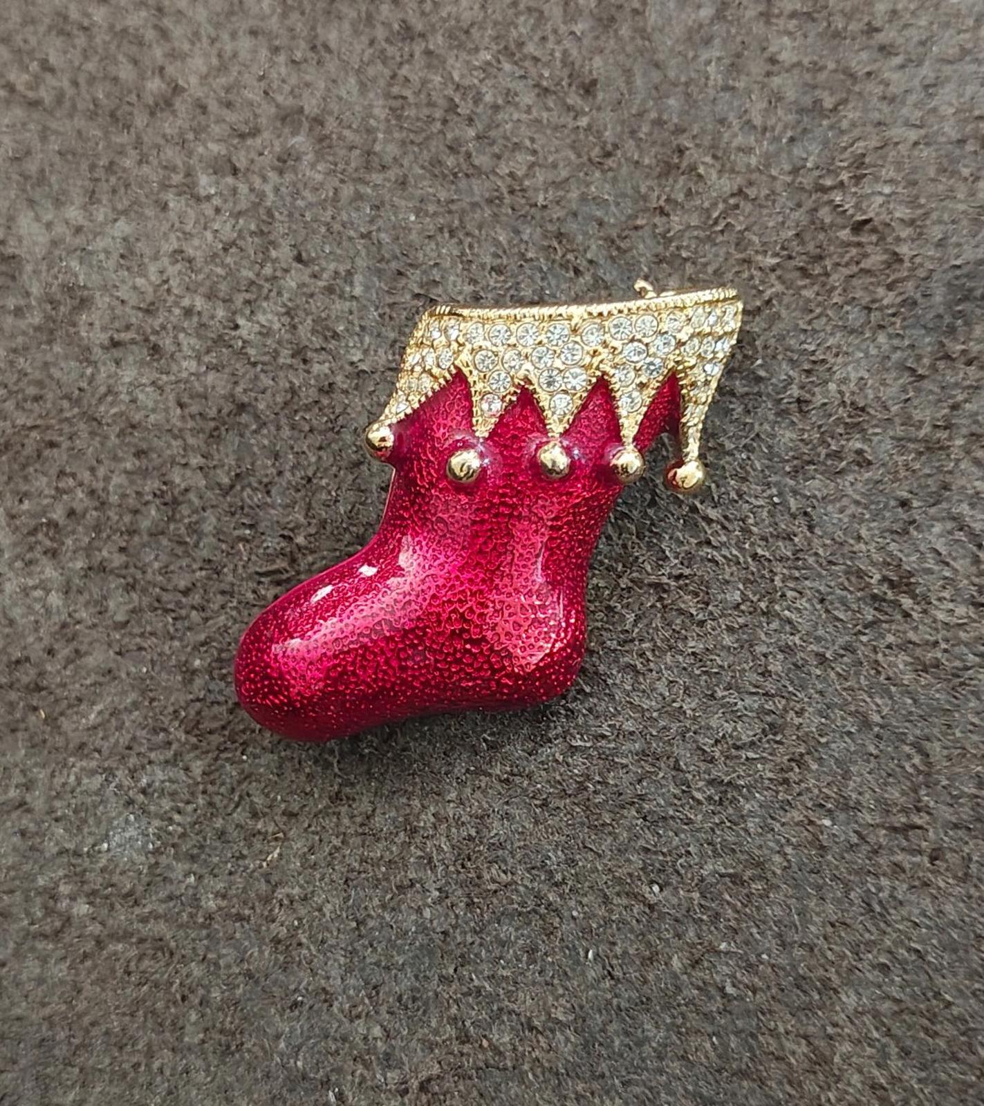 1990's Gold Tone Enamel With Crystal Rhinestones Santa Boot/Stocking Brooch