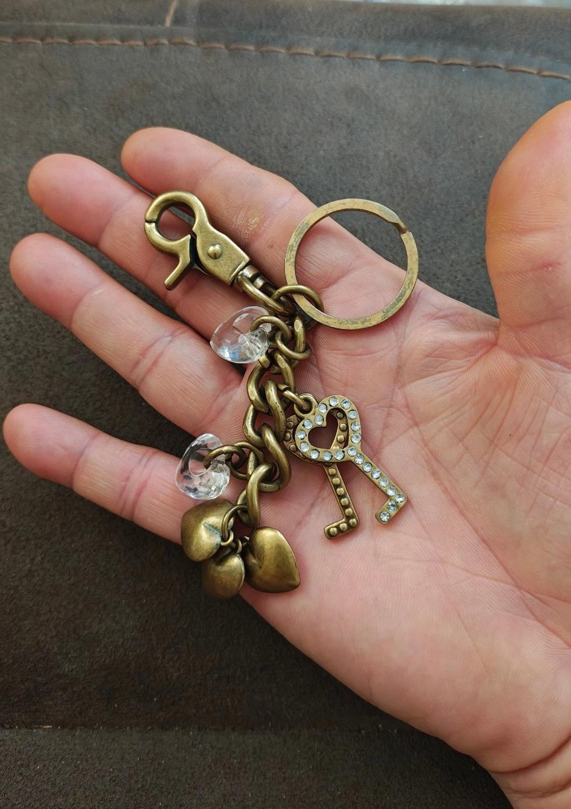 Vintage Inspired Brass Finish Keychain with Heart and Key Charms