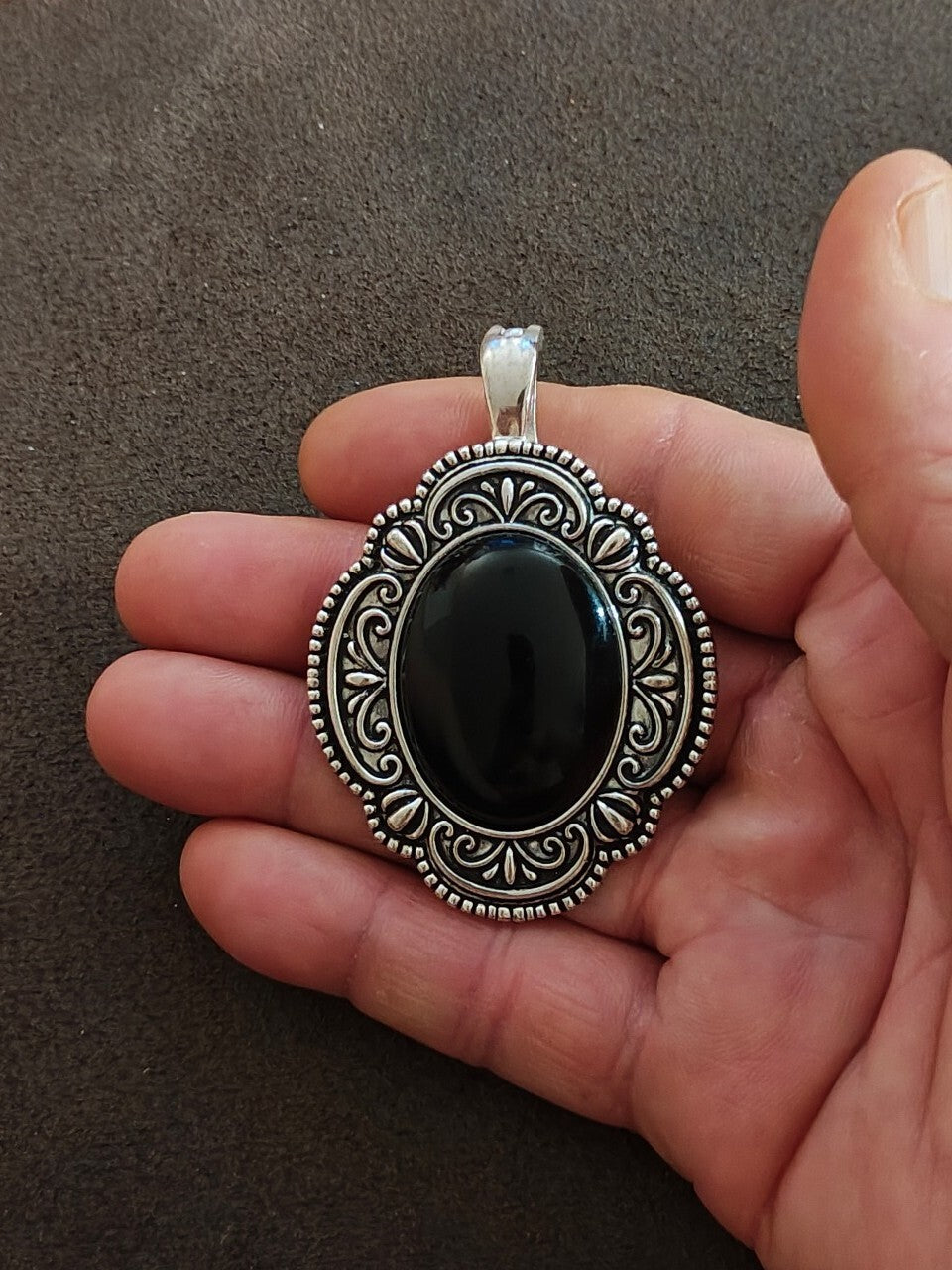 1990s Silver Tone With Oval Cabochon Stone Pendant