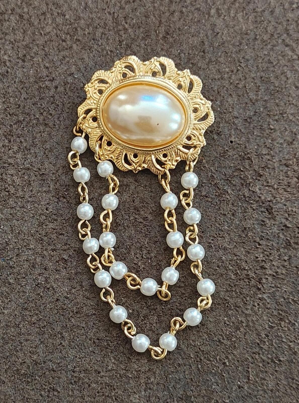 1980s Gold Tone Filigree Chatelaine Brooch With a Center Faux Pearl
