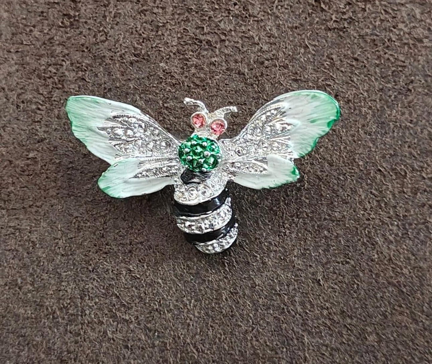 1980s Silver Tone Bumblebee With Pink Rhinestone Eyes Enamel Brooch Pin