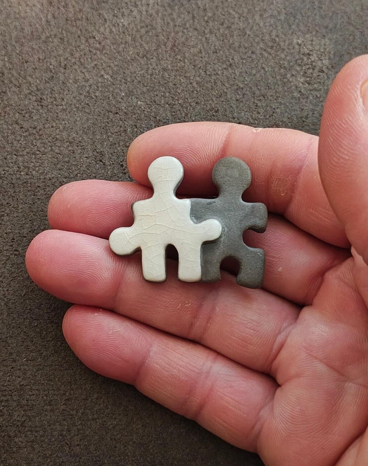 1990s Handcrafted Signed C Welch "Puzzle Buddies" Ceramic & Concrete Brooch
