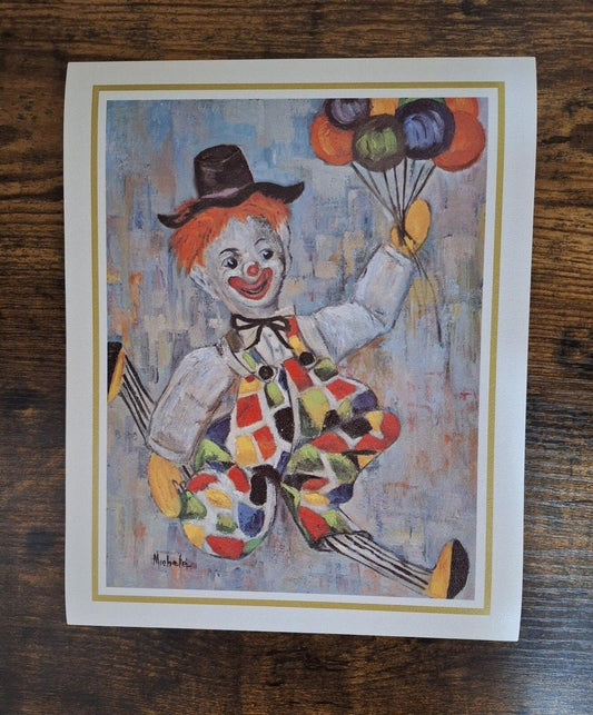 1960s Clown Balloons Lithograph Print Artist Signed Michele Reprint