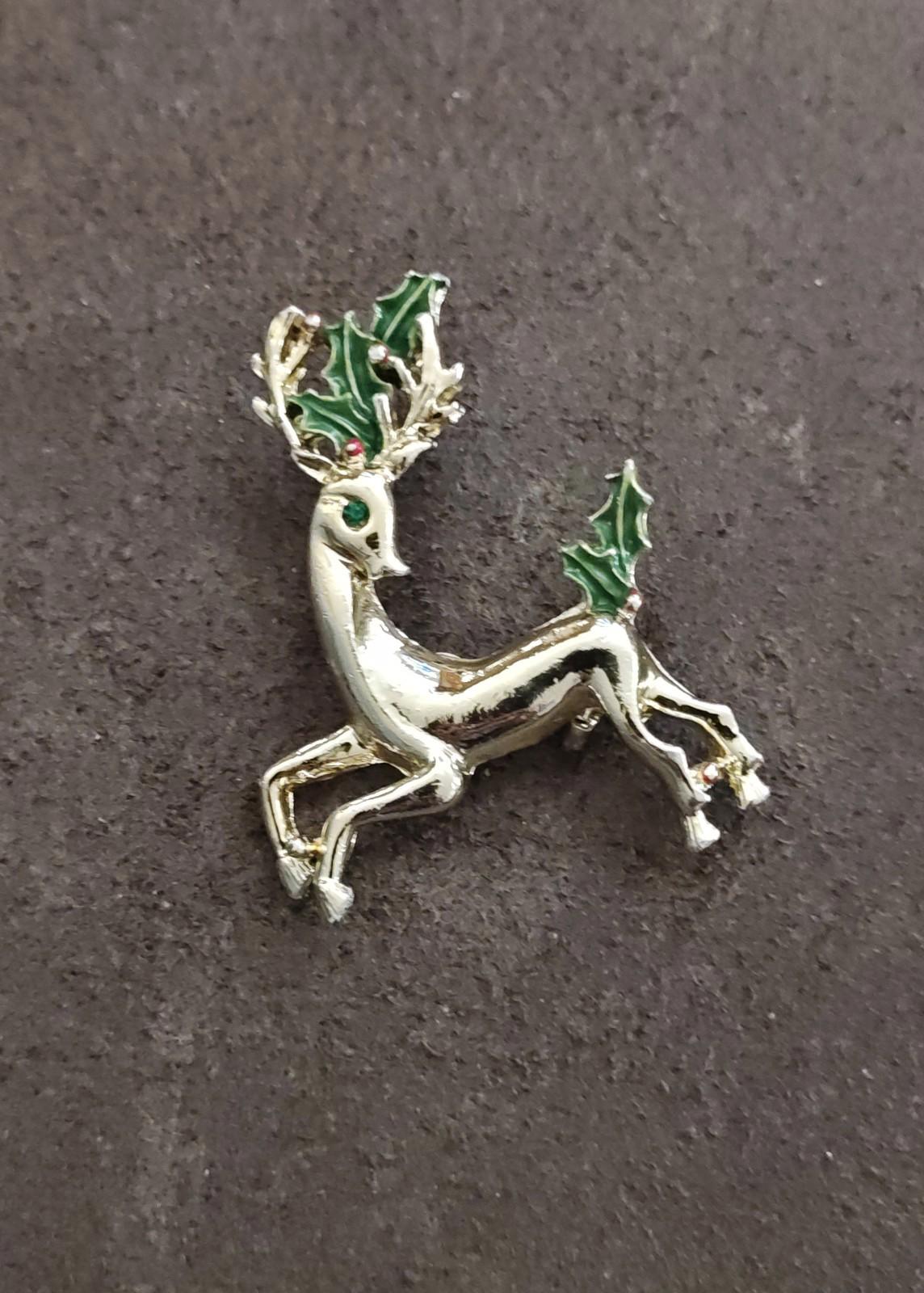 1960s Signed Gerry's Christmas Reindeer Gold Tone Enamel Brooch