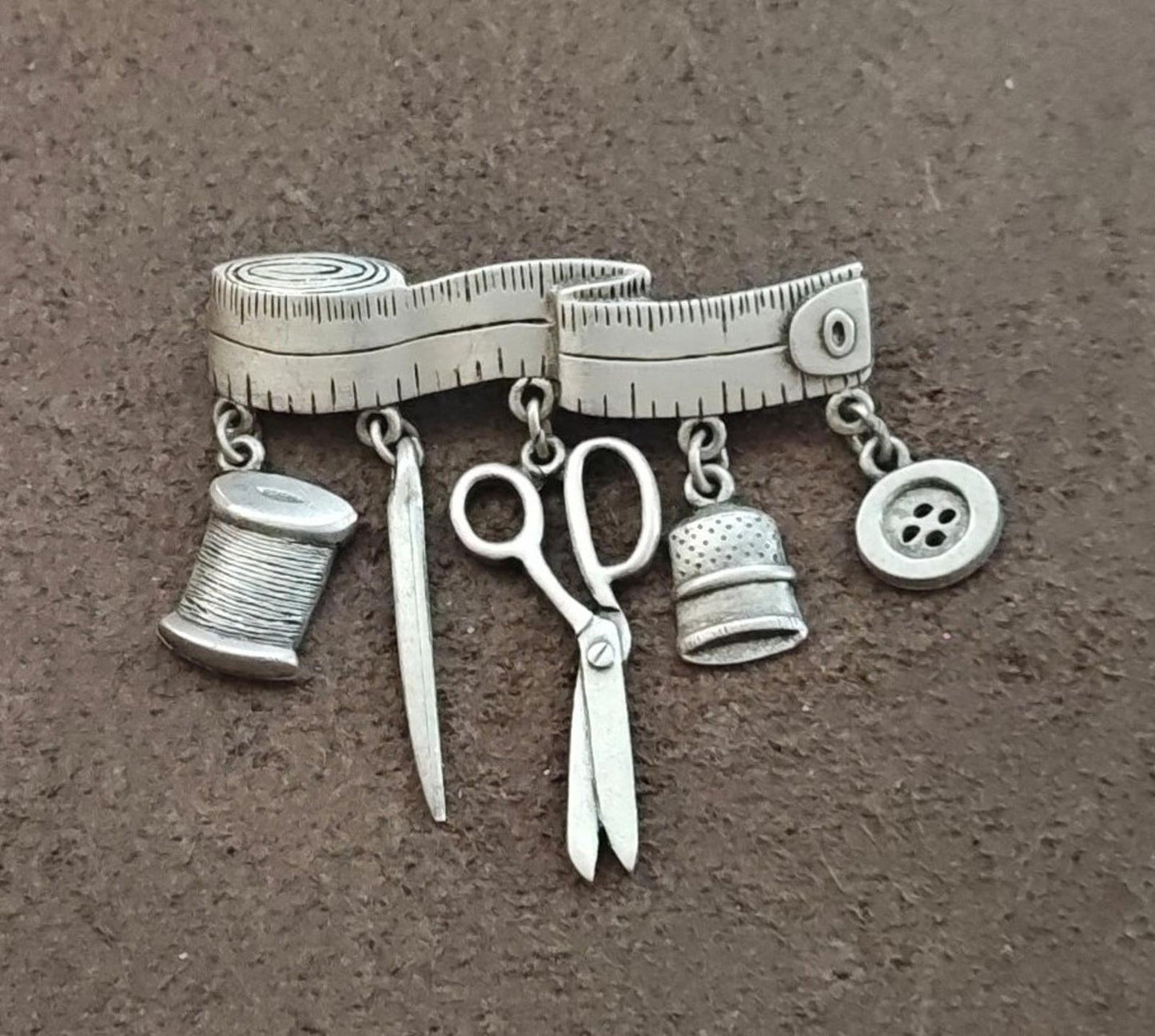 1980s JJ Jonette Sewing Theme Pewter Dangle Brooch