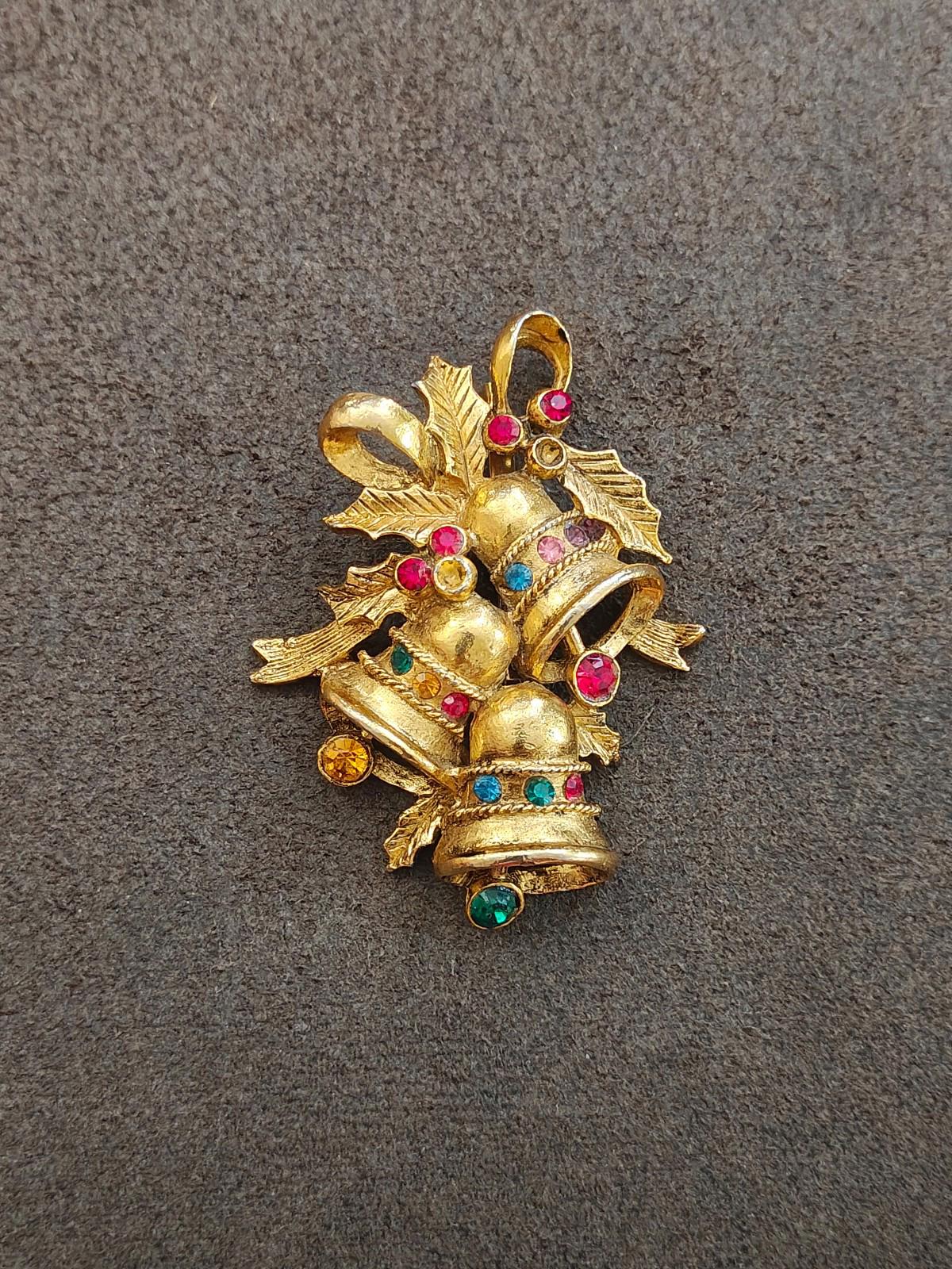 1970s Beatrix Gold Tone With Rhinestones Christmas Bell Brooch.