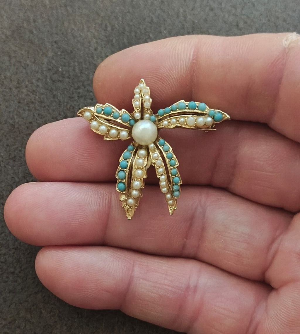 1970s/80s Gold Tone Starfish With Faux Turquoise Beads & Faux Pearls Brooch Pin