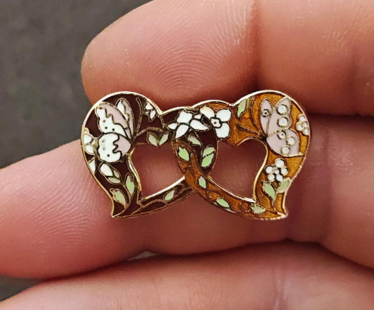 1980s Vintage Two Hearts With Butterflies Gold Tone Brooch Pin