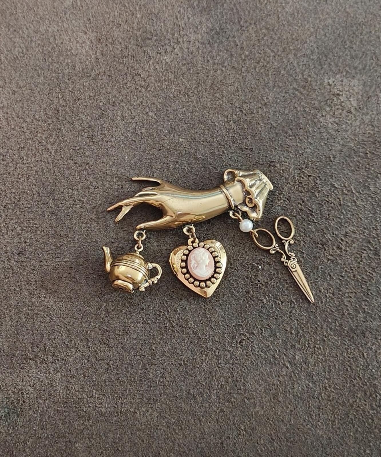 1980s/90s Victorian Style Chatelaine Inspired  Gold Tone Charm Dangle Brooch