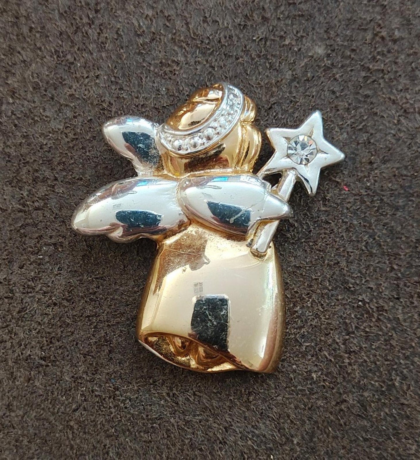1980's Angel With Star Wand Two Tone Rhinestones Brooch