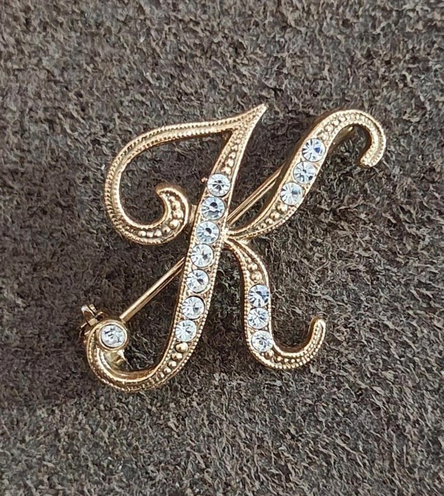 1980's Monogram Initial K with Rhinestones Gold Tone Brooch Pin