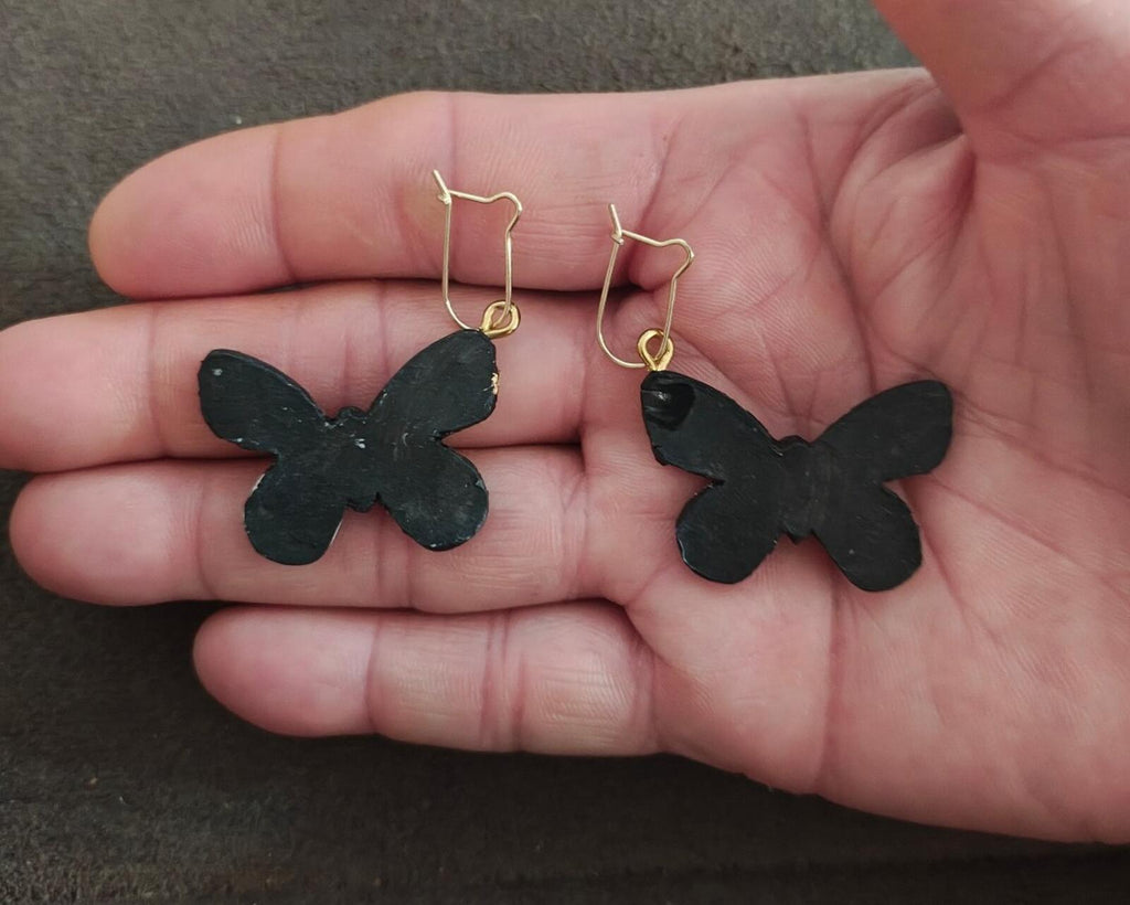 Handmade Black Polymer Clay Butterfly Earrings With Striking Gold Leaf Flakes
