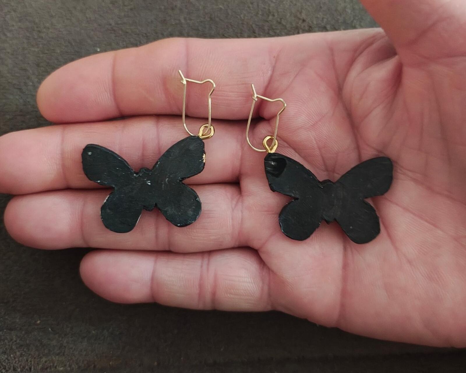 Handmade Black Polymer Clay Butterfly Earrings With Striking Gold Leaf Flakes