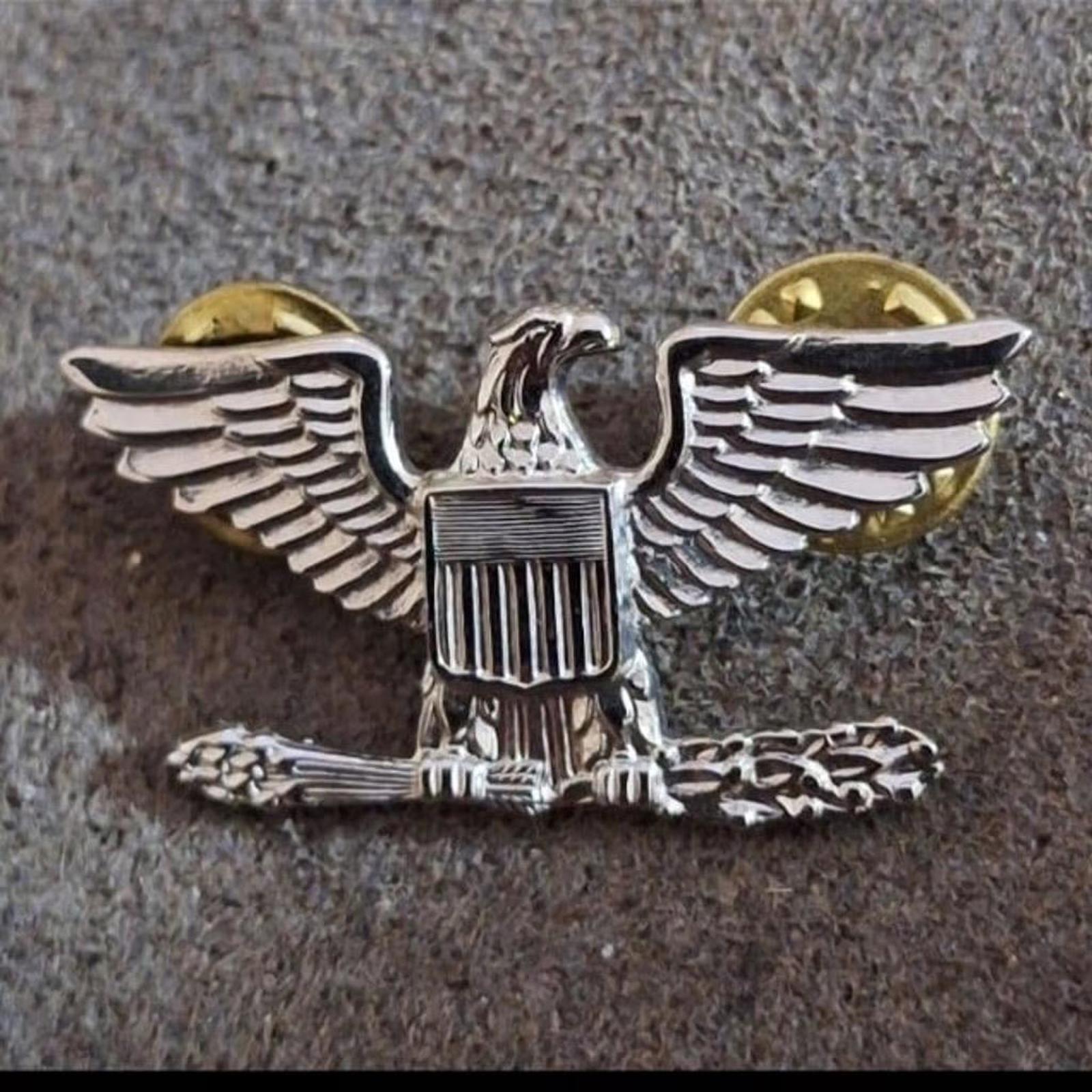 Eagle rank pin with silver wings, central shield, and gold-toned circular backing