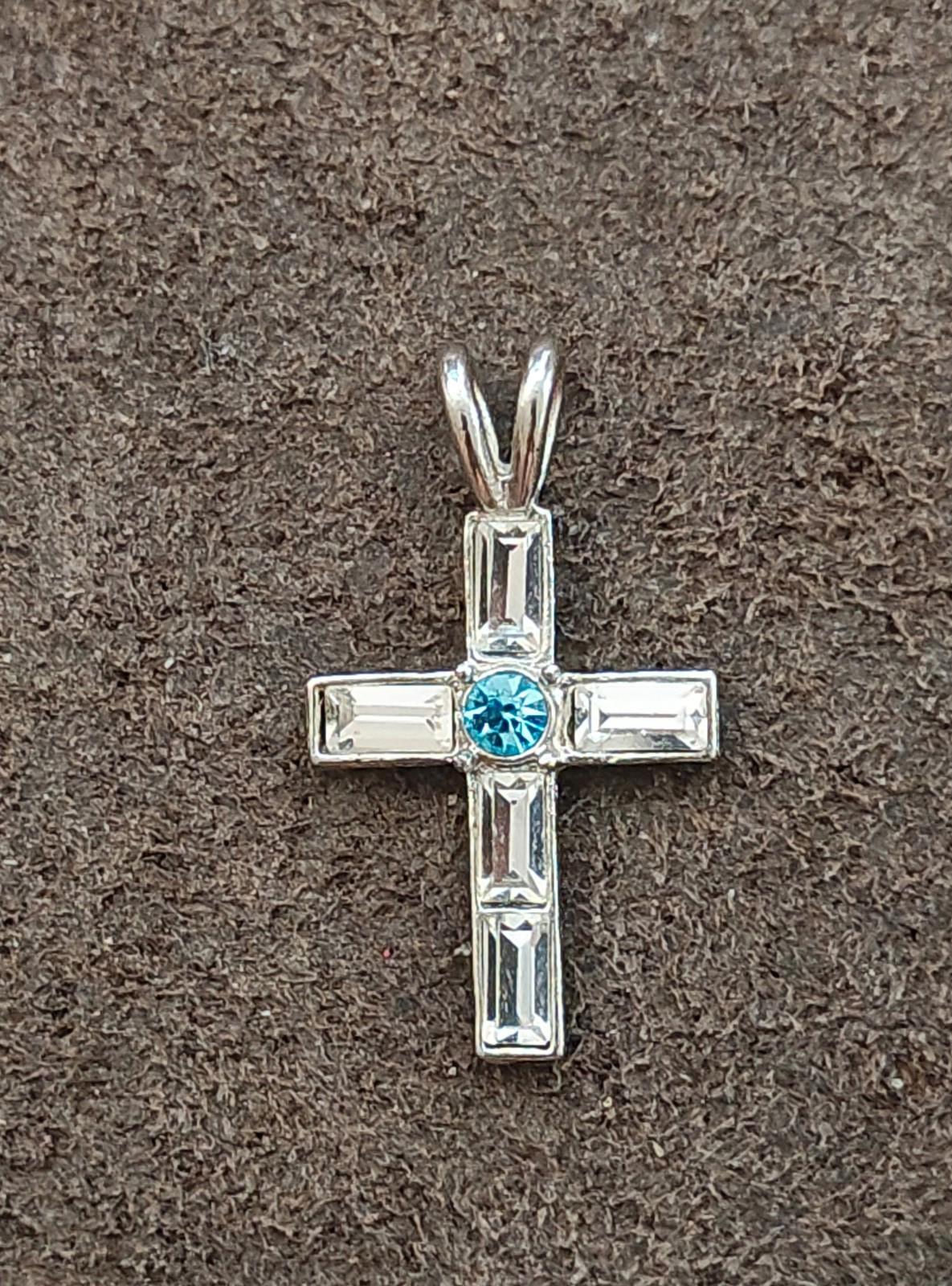 1990s Silver Tone With Clear and Blue Rhinestones Cross Pendant