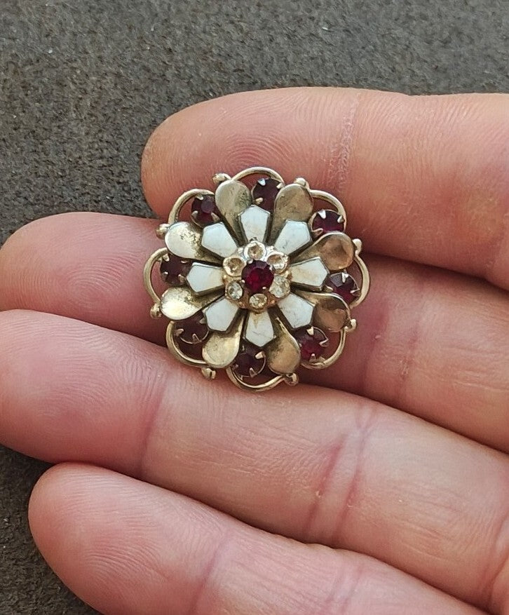 1950s Layered Flower Brooch With Red Rhinestones Gold Tone White Enamel Brooch