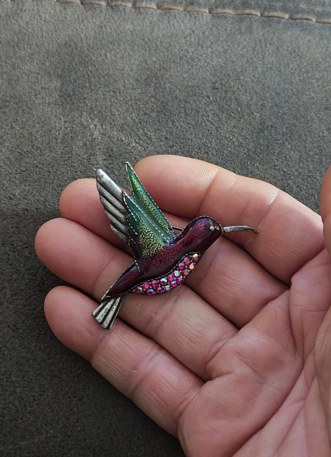 1980's Vintage Silver Tone With Rhinestones Enamel Hummingbird Brooch Pin