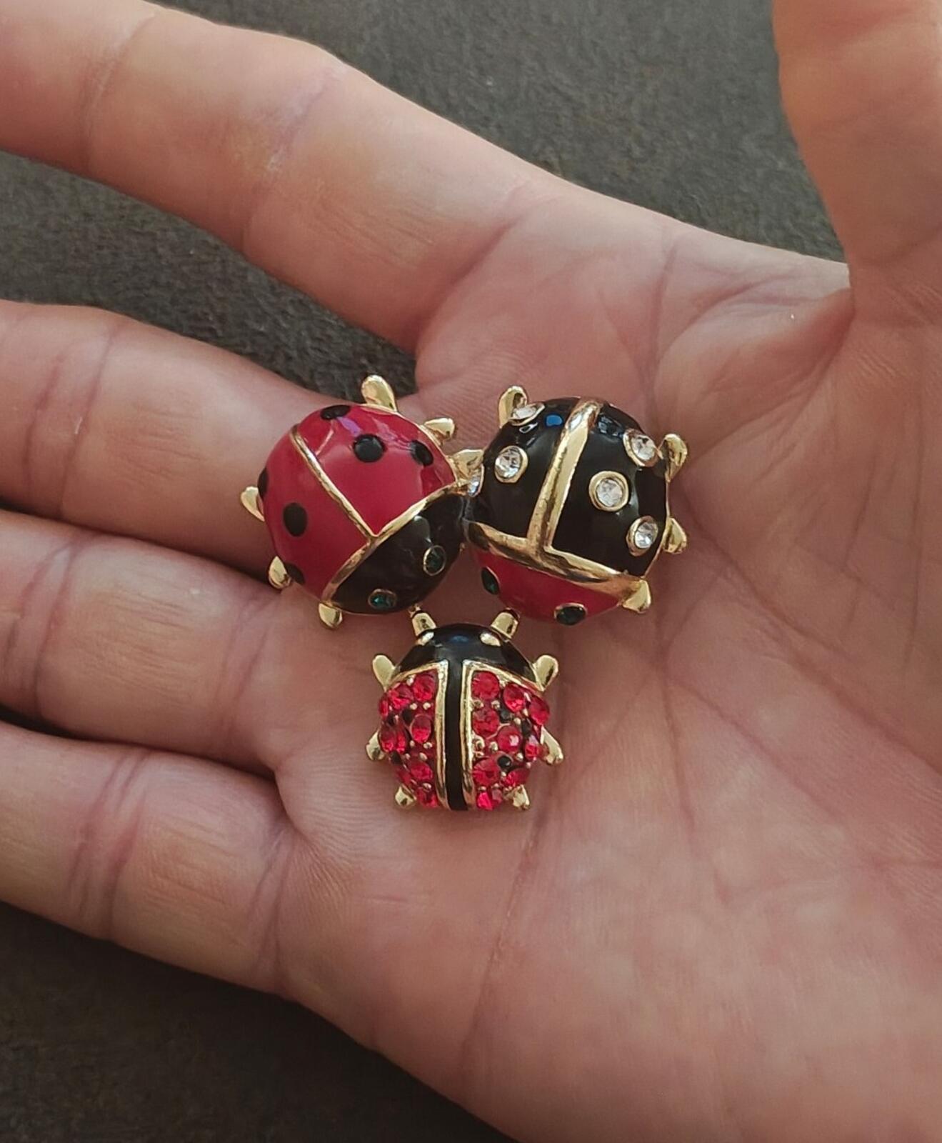 Gold Tone With Black & Red Enamel, Red & Clear Rhinestones Ladybug Trio Brooch