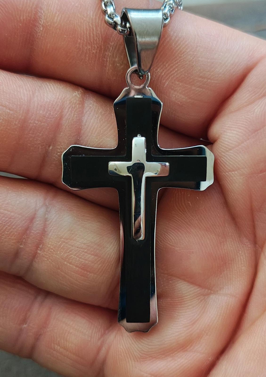 Black and Silver with 26" Silver Tone Chain Cross Pendant Necklace