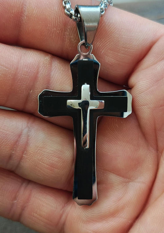 Black and Silver with 26" Silver Tone Chain Cross Pendant Necklace