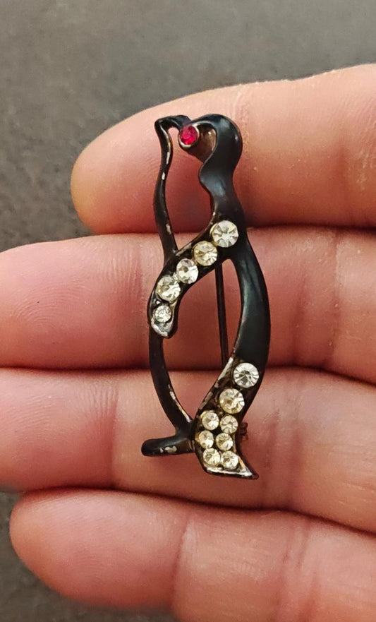 1980s Gold Tone Black Enamel With Red & Clear Rhinestones Penguin Brooch
