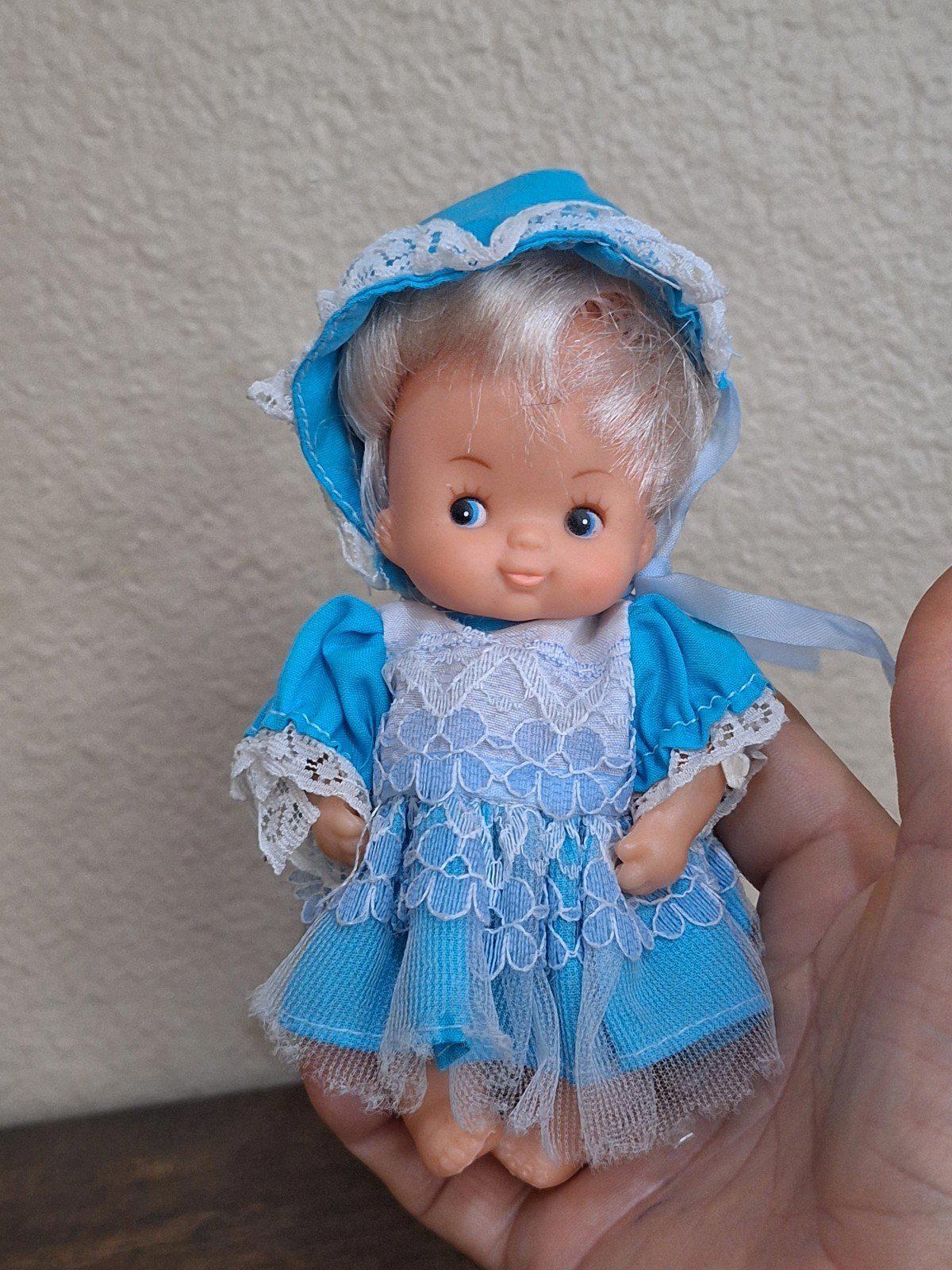 1970's Miniature Baby Doll With Blue Dress and Blue Eyes