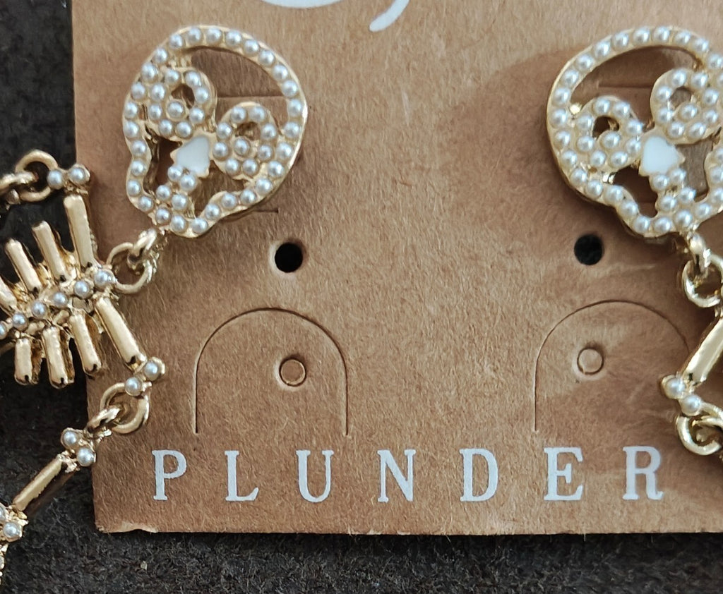 Plunder Design Halloween Pearl Skeleton Statement Gold Tone Earrings