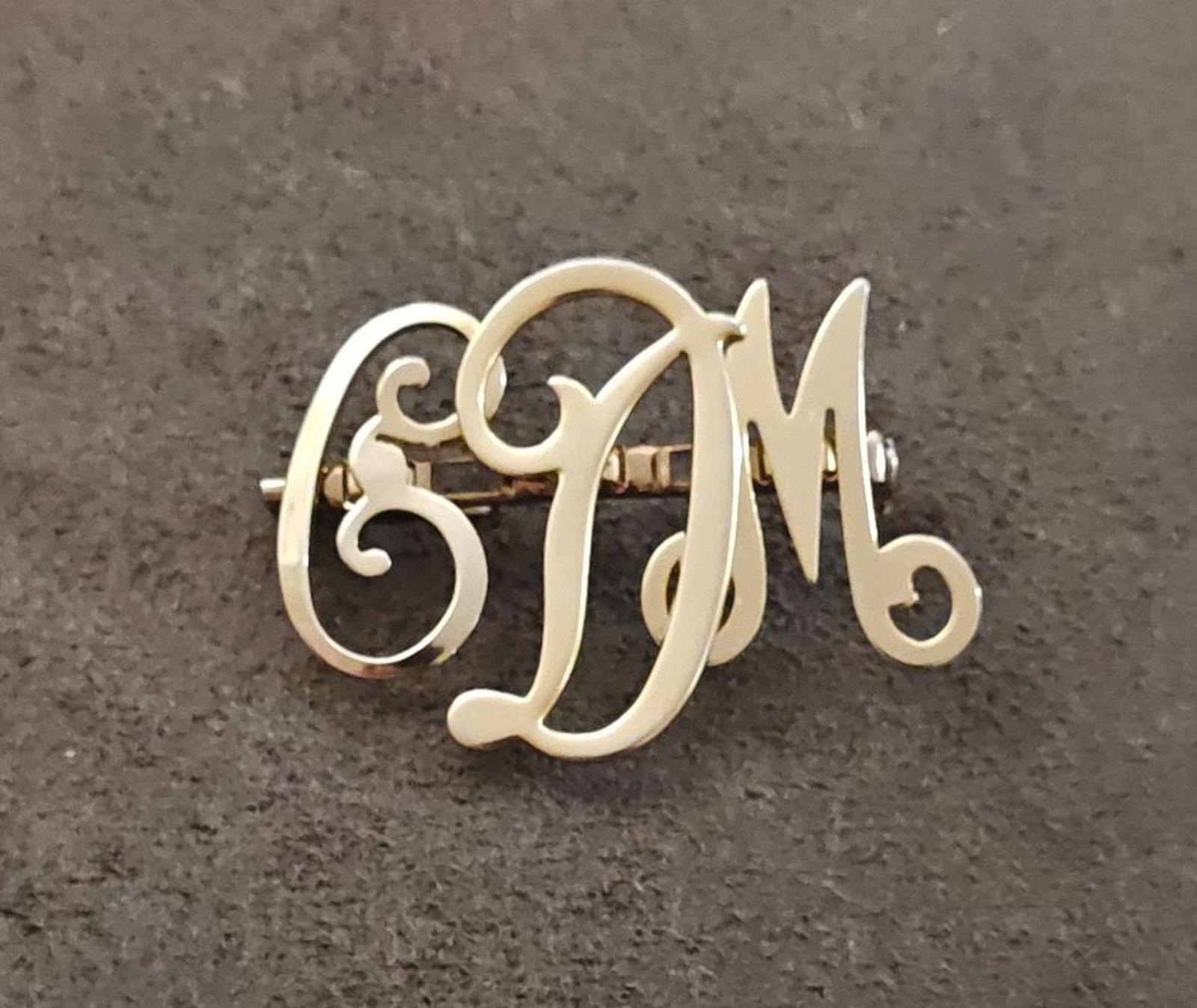 1950s Monogram Initial EDM Gold Tone Brooch Pin.