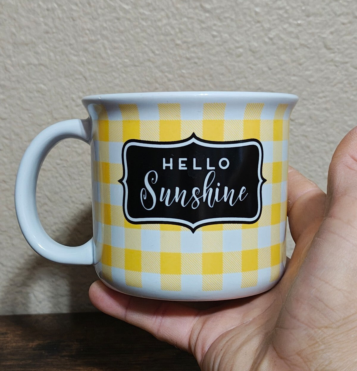 Hello Sunshine Yellow, Black & White Gingham Mug