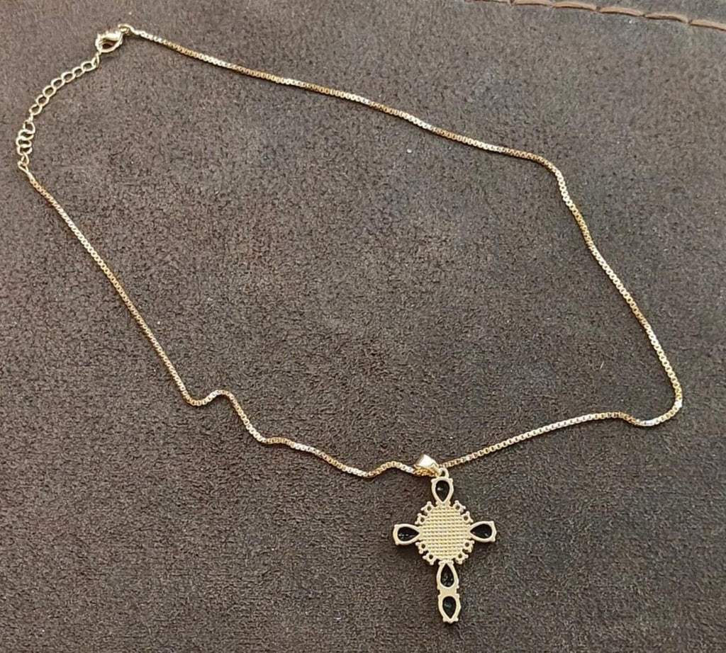 Gold Tone Virgin Mary Cross Pendant Necklace With CZ Stones & Black Stones