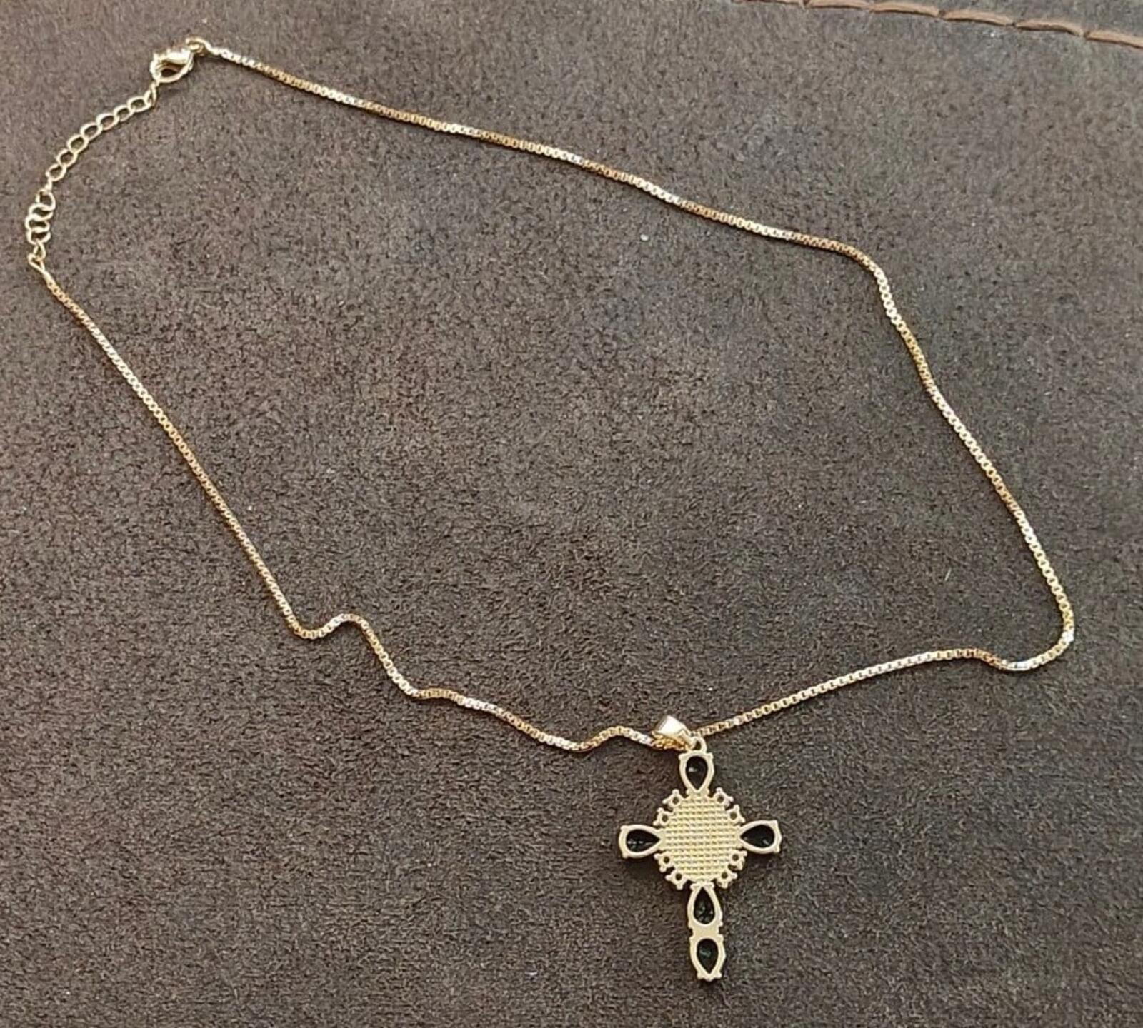 Gold Tone Virgin Mary Cross Pendant Necklace With CZ Stones & Black Stones