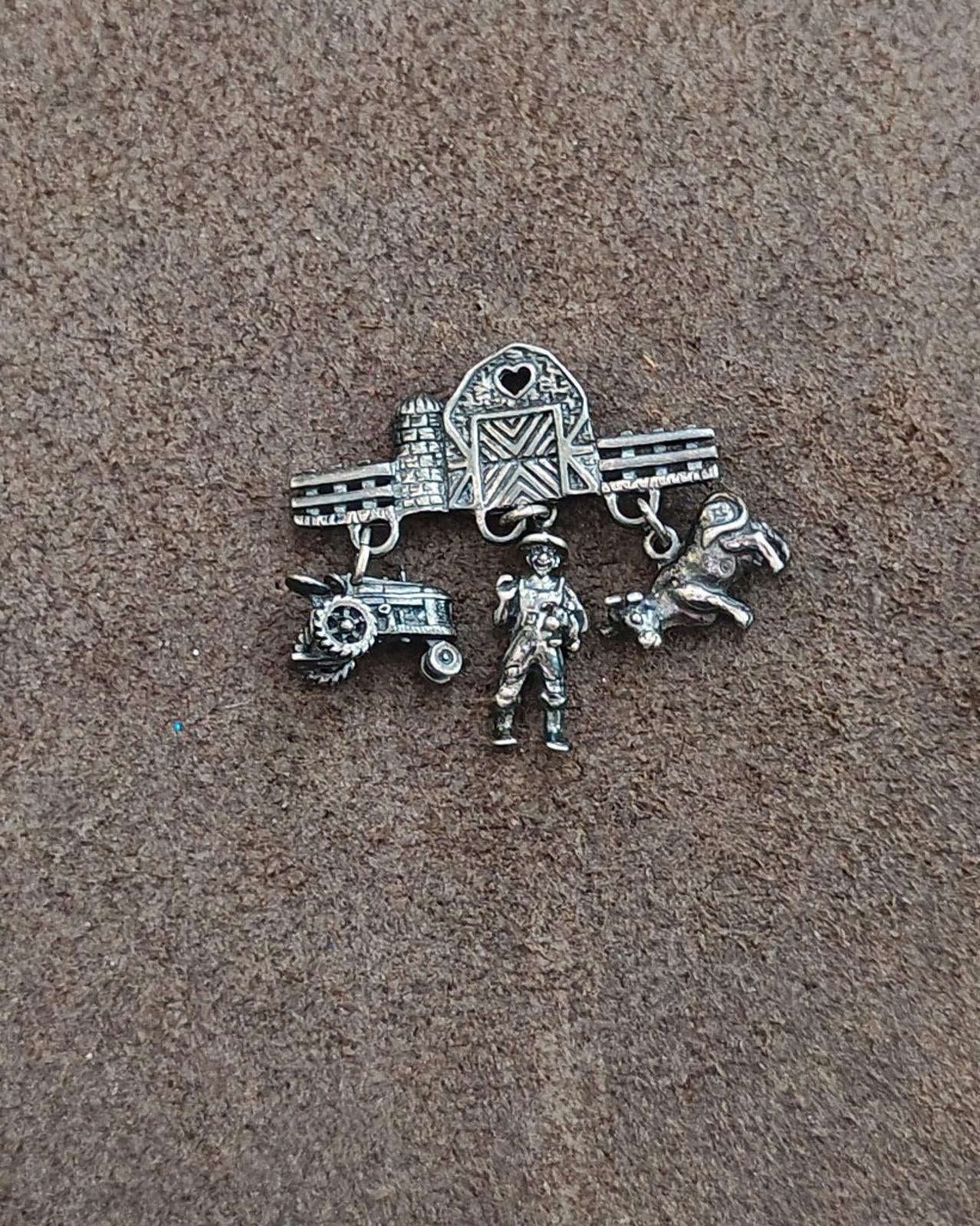 1990s Antiqued Sterling Silver Farm  Charm Dangle Pin