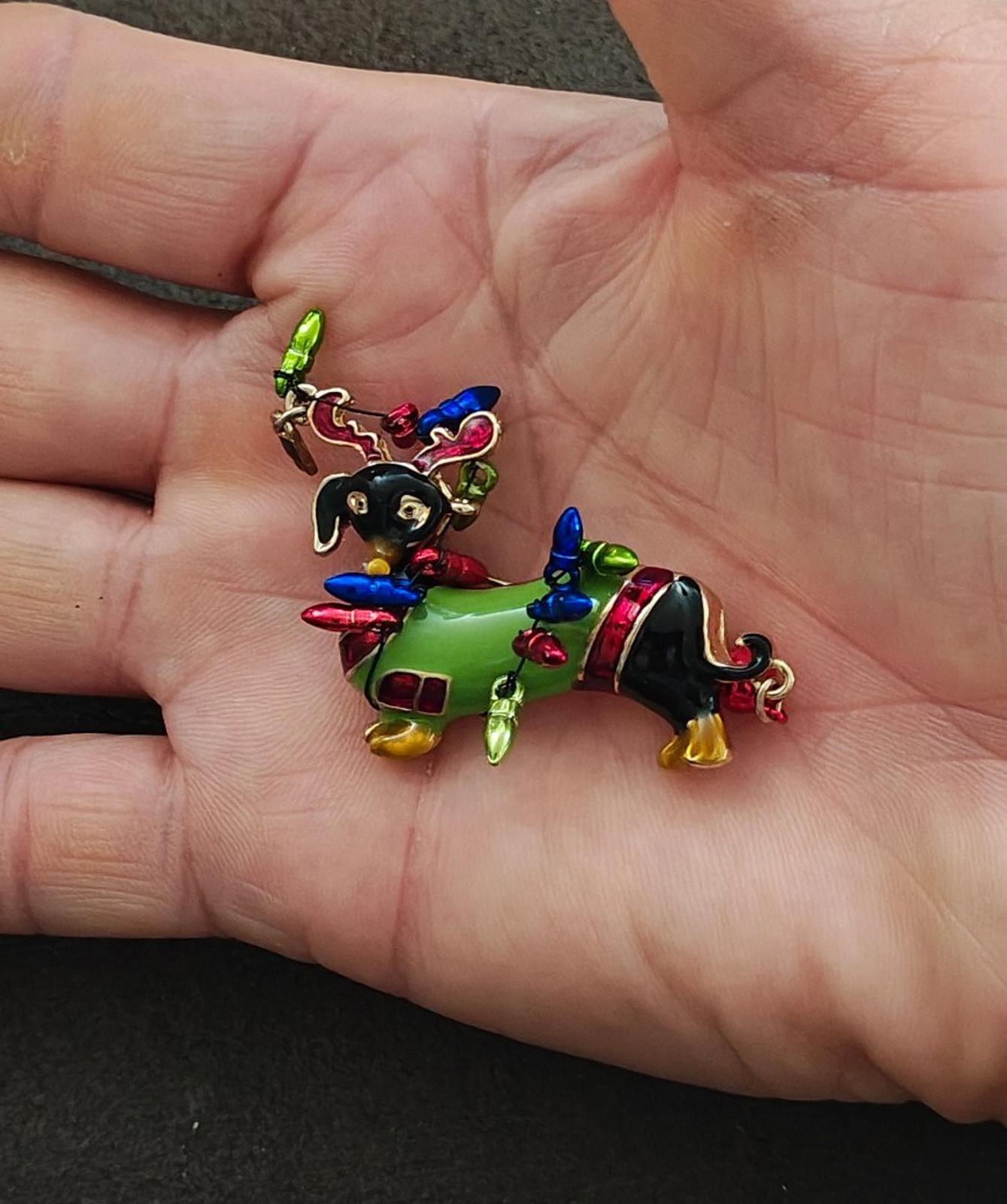 Dachshund Dog Wearing Reindeer Antlers and Wrapped In Colorful Lights Brooch