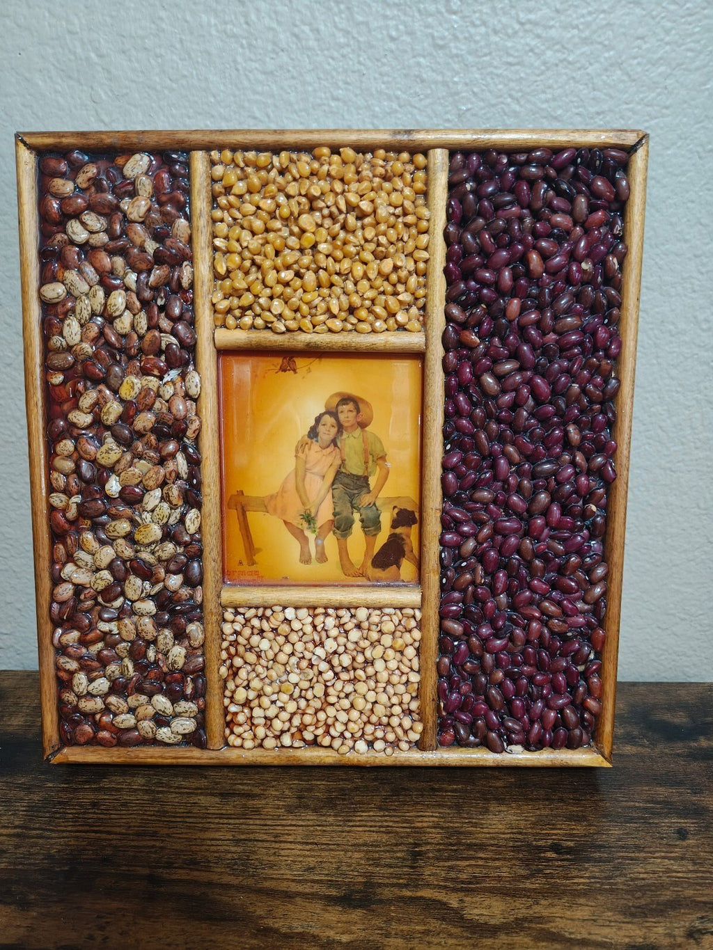 1970s Norman Rockwell Sweet Serenade Print Handmade Seed & Bean Mosaic Shadowbox