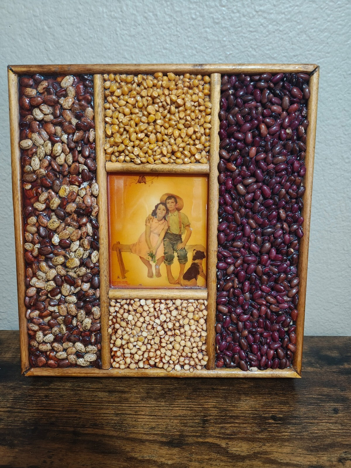 1970s Norman Rockwell Sweet Serenade Print Handmade Seed & Bean Mosaic Shadowbox