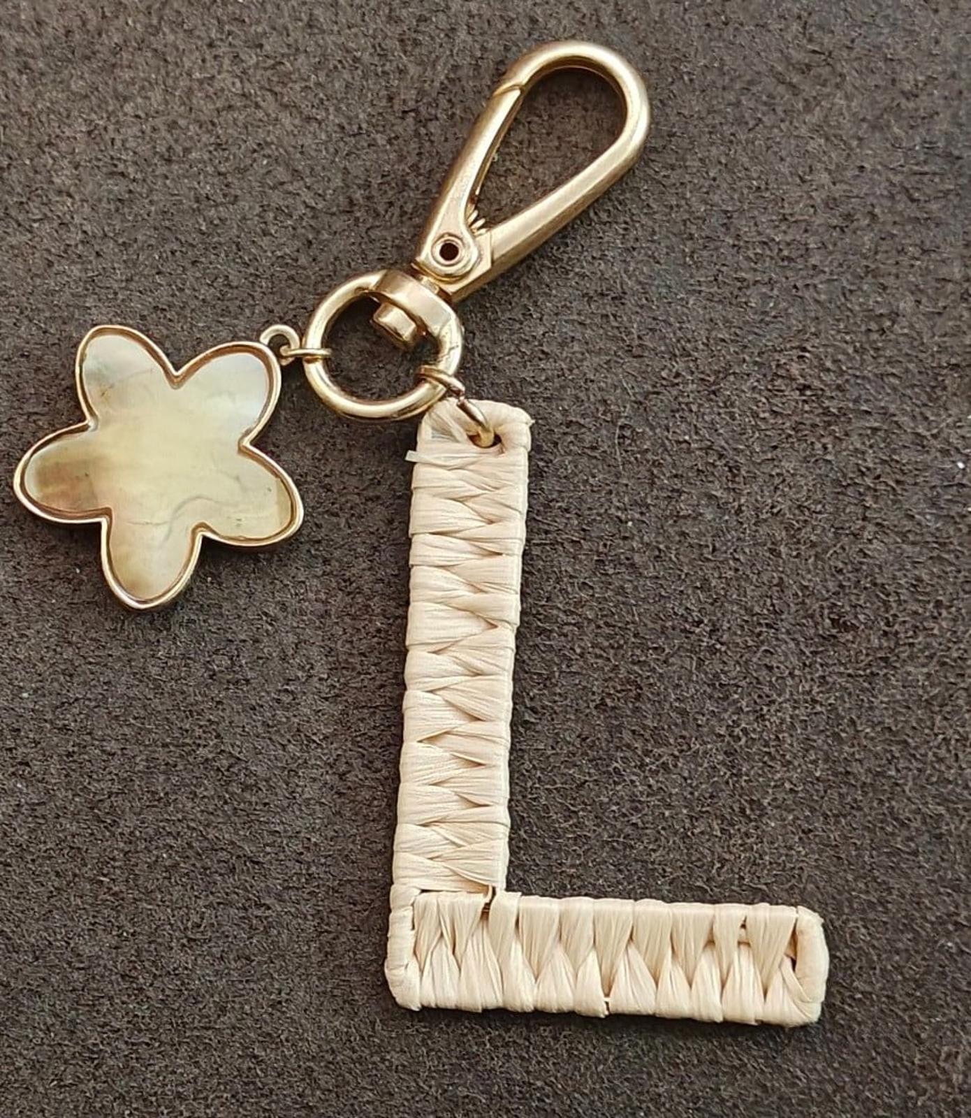 Anthropologie Monogram Letter H With Mother Of Pearl Flower Wicker Keychain