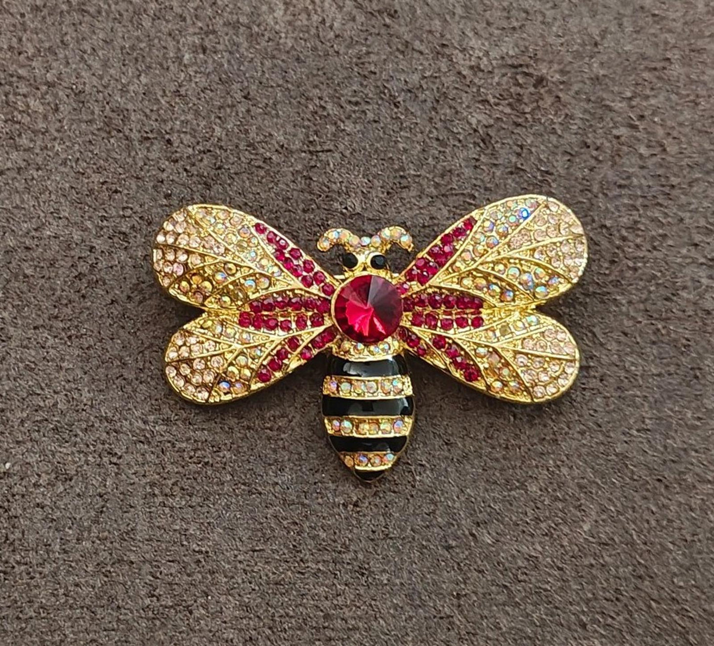 Vintage Bumblebee Style Gold Tone With Sparkling Iridescent and Red Rhinestones Brooch Pin