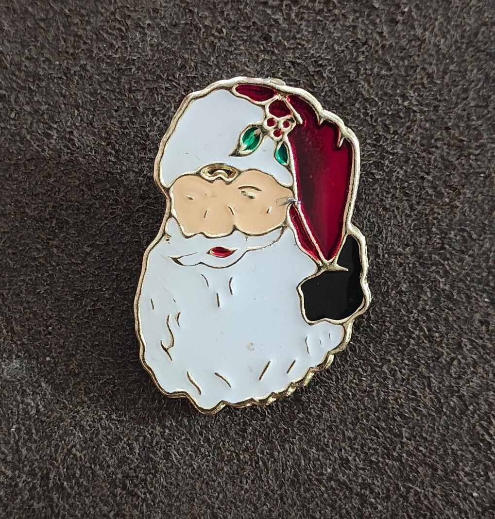 1980s Santa Claus Face Gold Tone Enamel Brooch