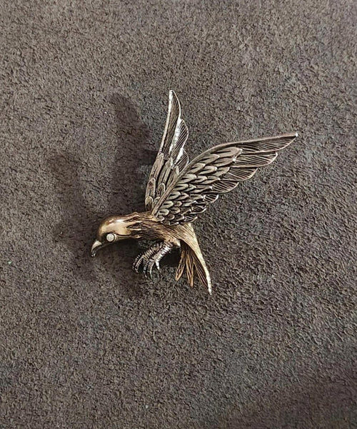 Two-tone eagle bird brooch pin, metallic gold and silver with textured feathers