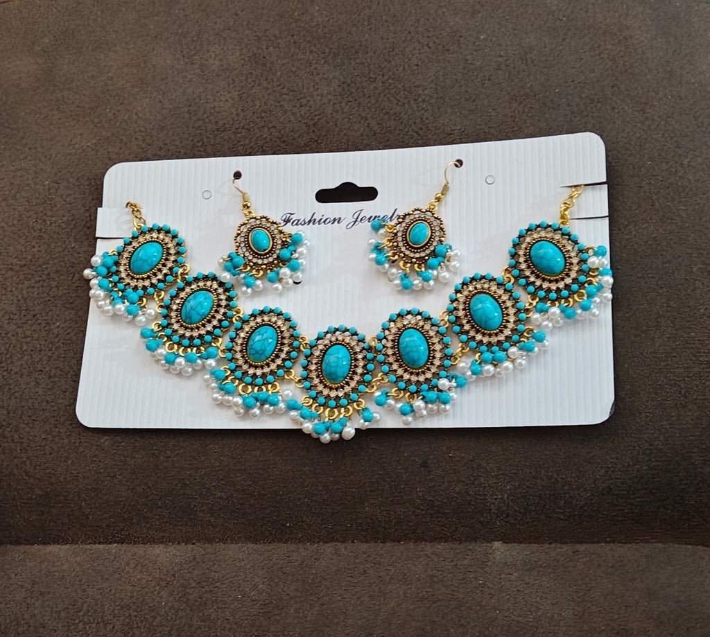 Bohemian Style Synthetic Turquoise & Faux Pearls Choker Necklace & Earrings Set
