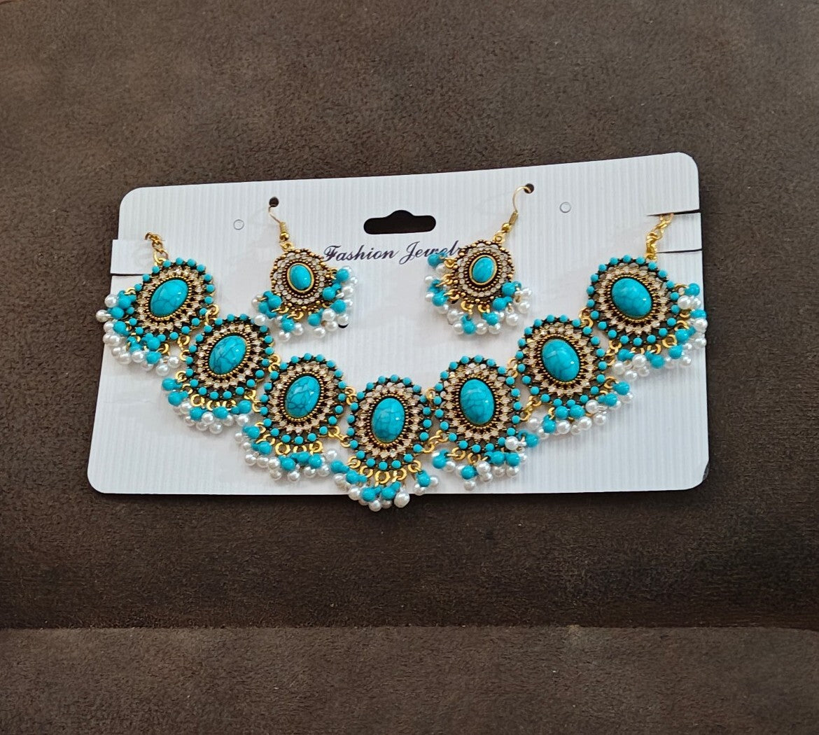 Bohemian Style Synthetic Turquoise & Faux Pearls Choker Necklace & Earrings Set