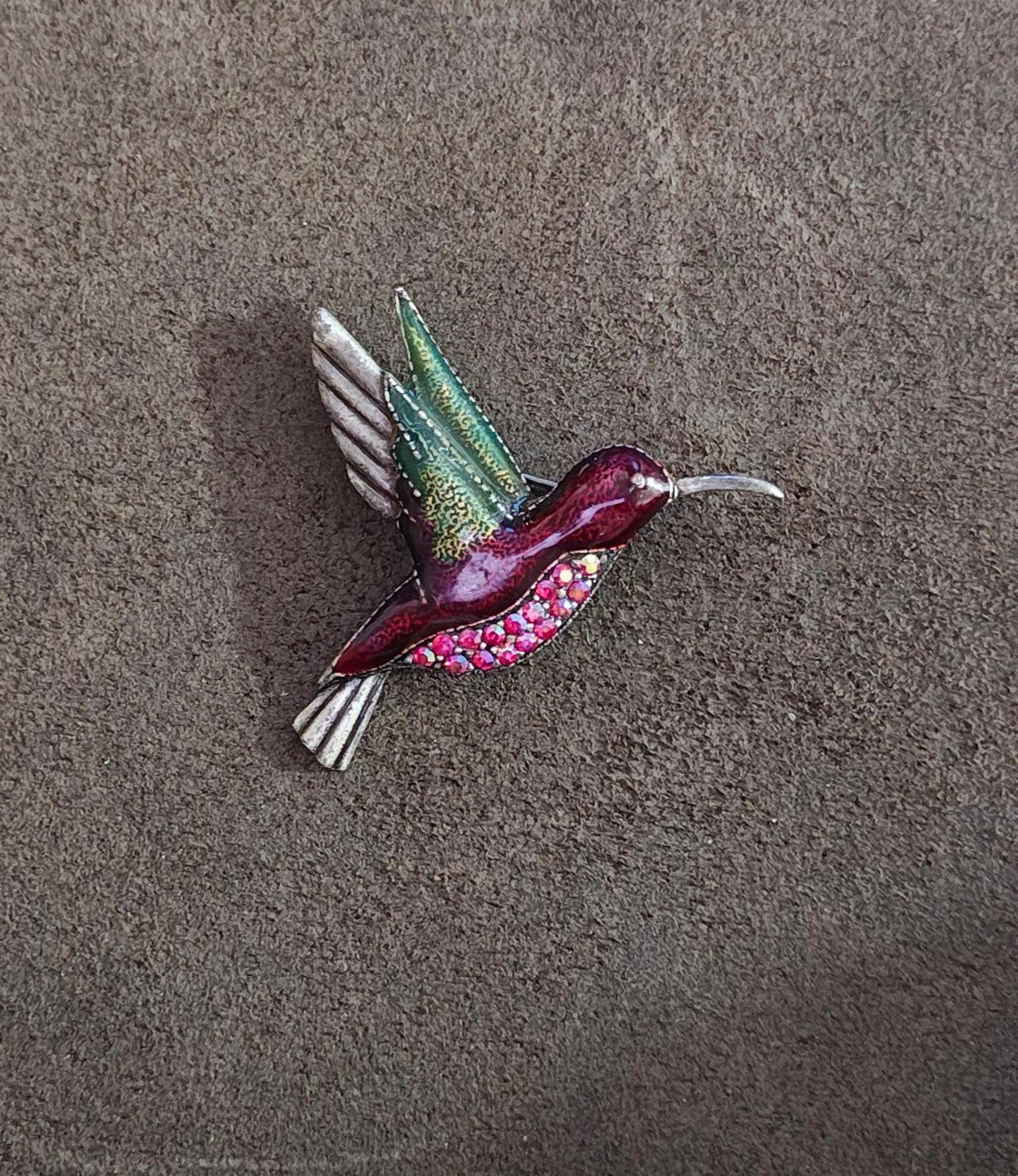 1980's Vintage Silver Tone With Rhinestones Enamel Hummingbird Brooch Pin