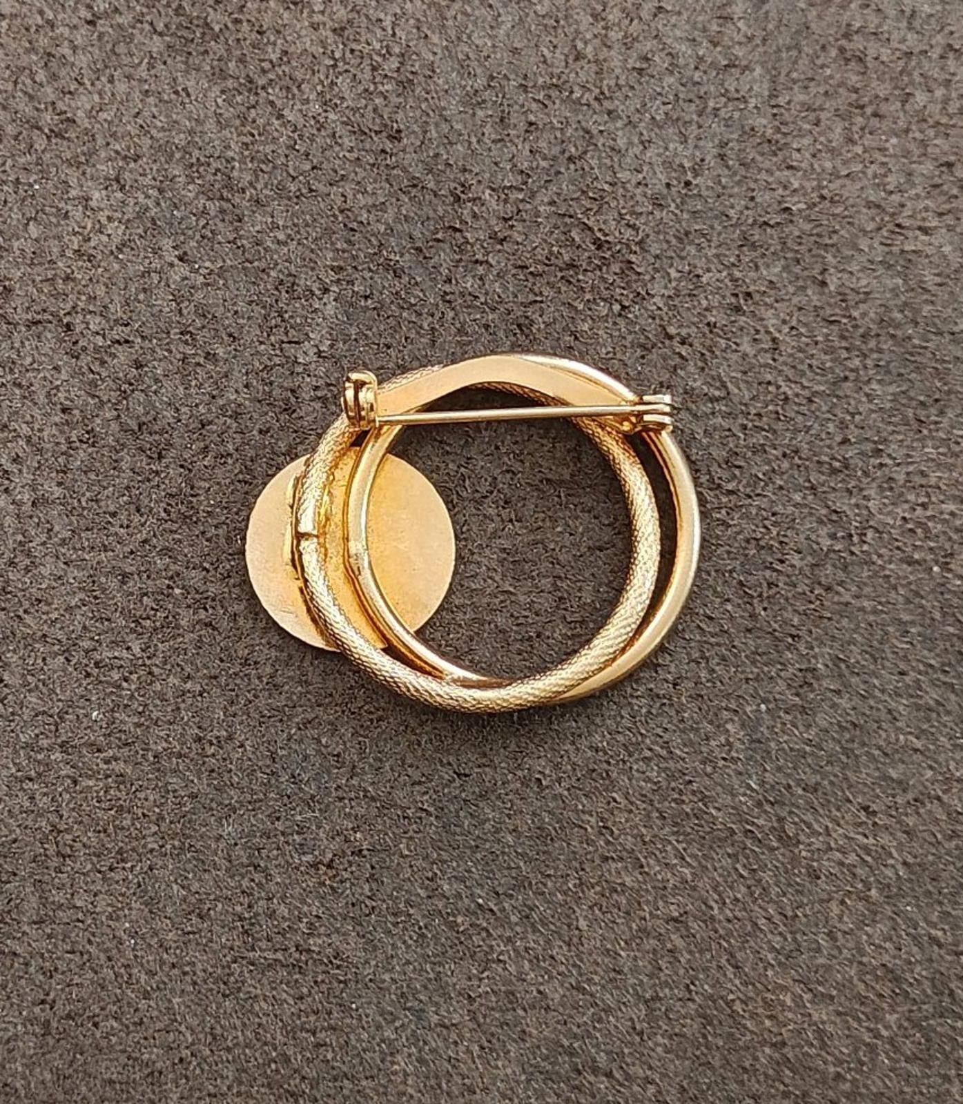1970s Gold Tone Aries Zodiac Sign Double Circle White Enamel Brooch Pin