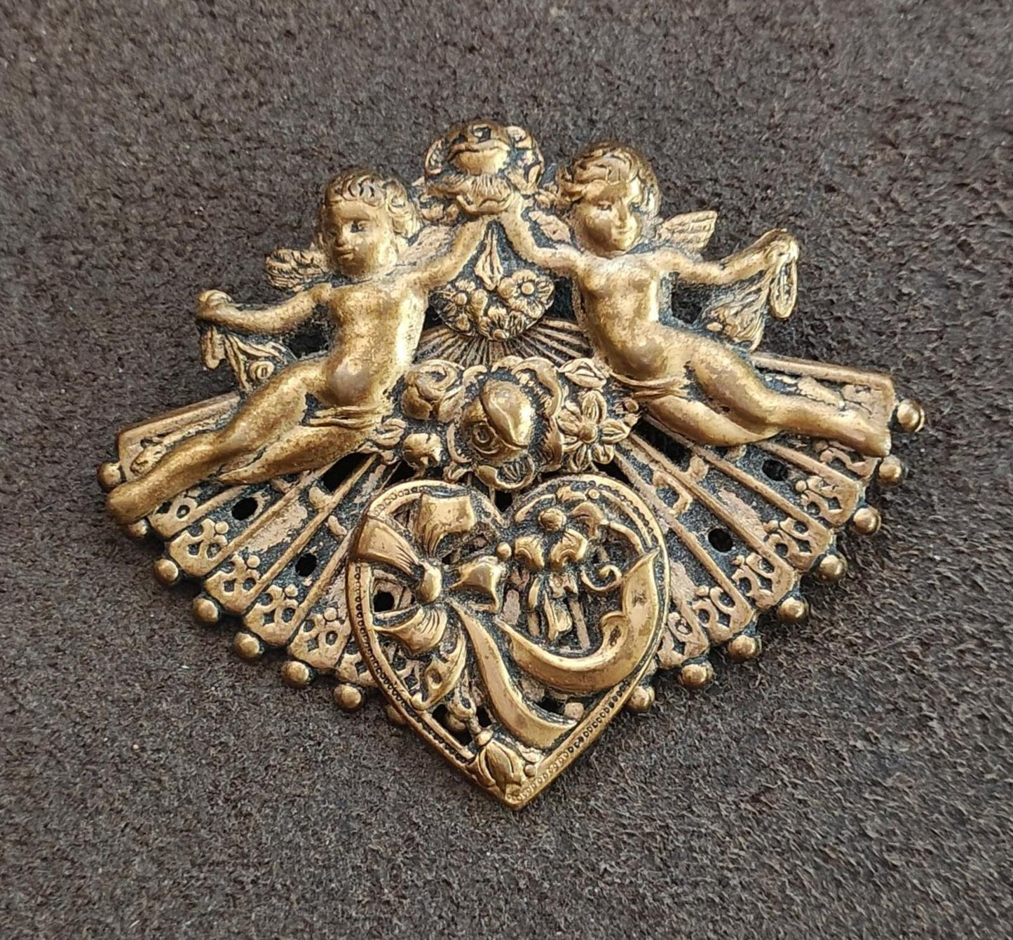 1970s/80s Gold Tone Renaissance Revival Style Double Cherub Brooch