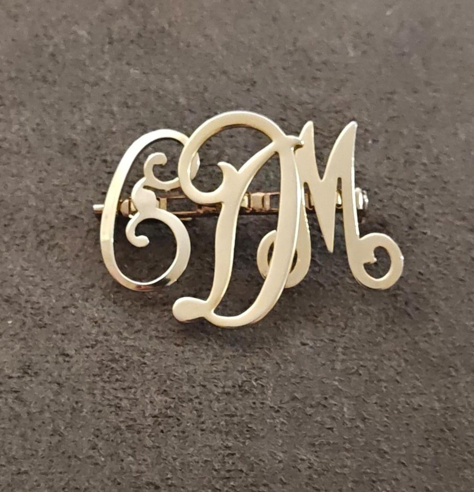 1950s Monogram Initial EDM Gold Tone Brooch Pin.